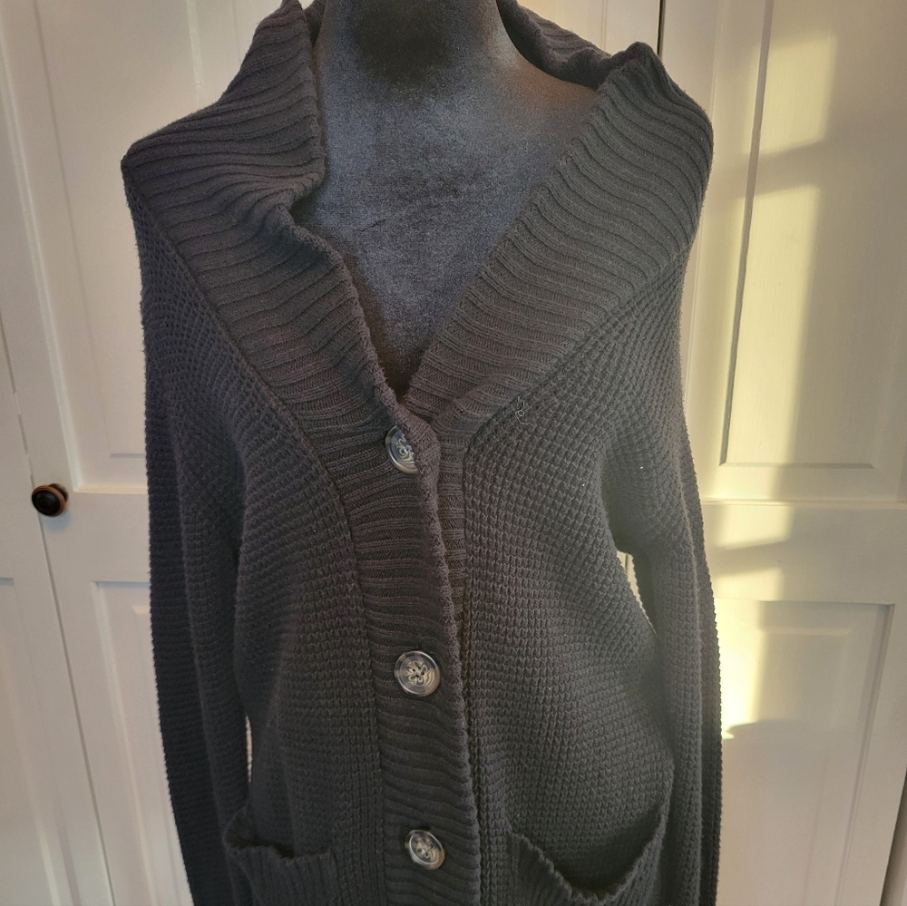 Natural Reflections Black Waffle Knit Shawl Collar Cardigan L Minimal Neutral